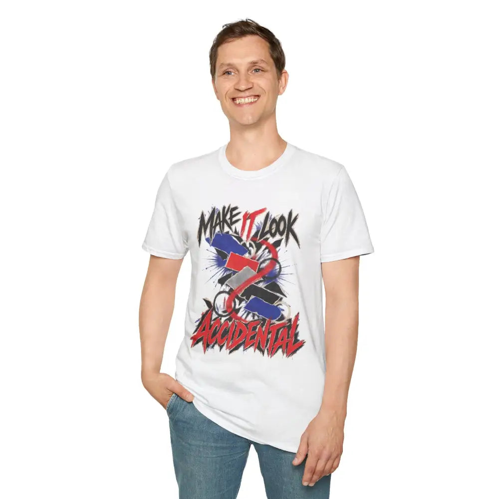 White cotton make it look accidental unisex t-shirt with bold graffiti graphic and care instructions for low heat tumble dry