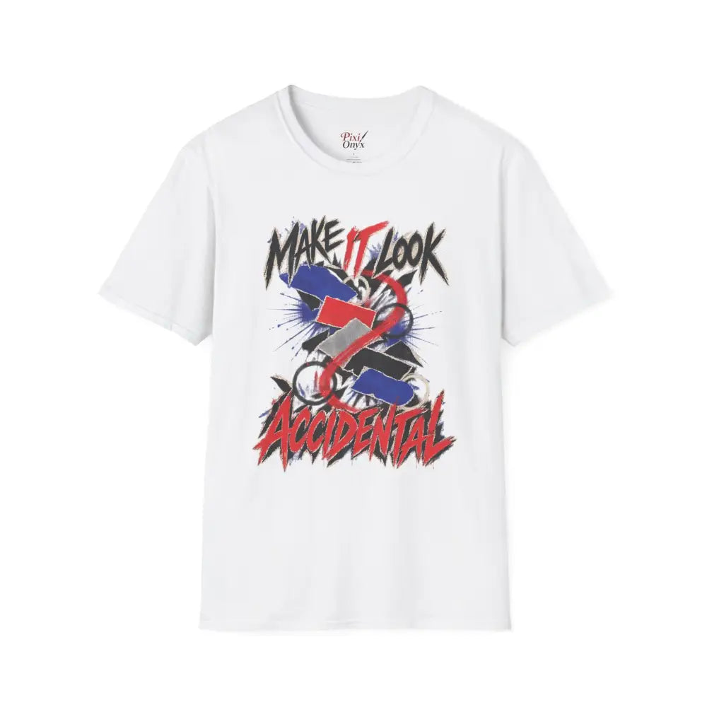 White short-sleeved unisex t-shirt with bold graffiti graphic make it look accidental featuring care instructions low heat tumble dry
