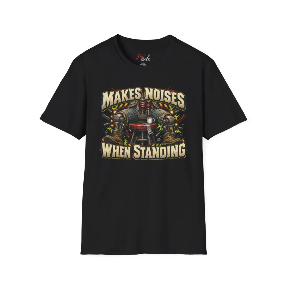 Black short-sleeved unisex t-shirt with vintage makes noises when standing graphic print and low heat tumble dry care instructions