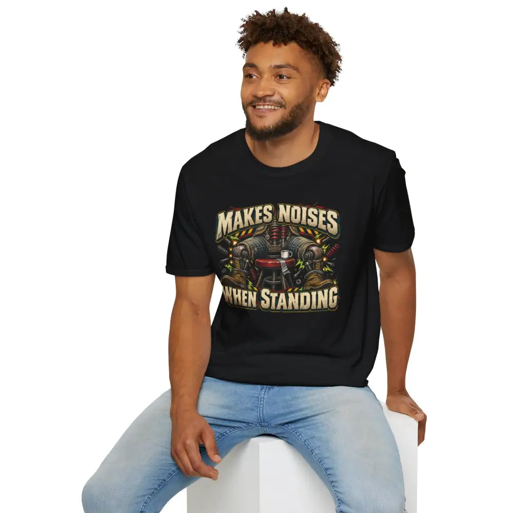 Black cotton makes noises when standing unisex t shirt with vintage mechanical gears graphic low heat tumble dry care instructions