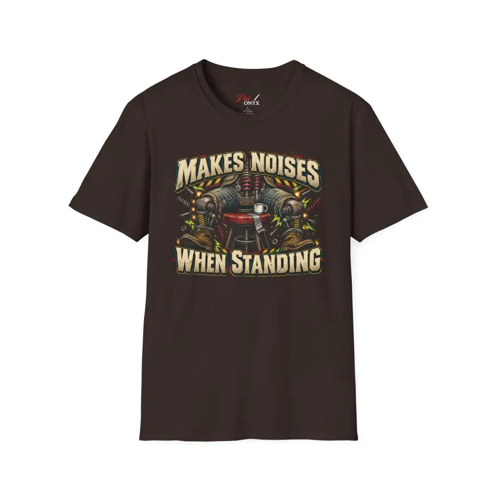 Dark brown short-sleeved unisex t-shirt with vintage mechanical gears graphic and makes noises when standing text low heat tumble dry care instructions