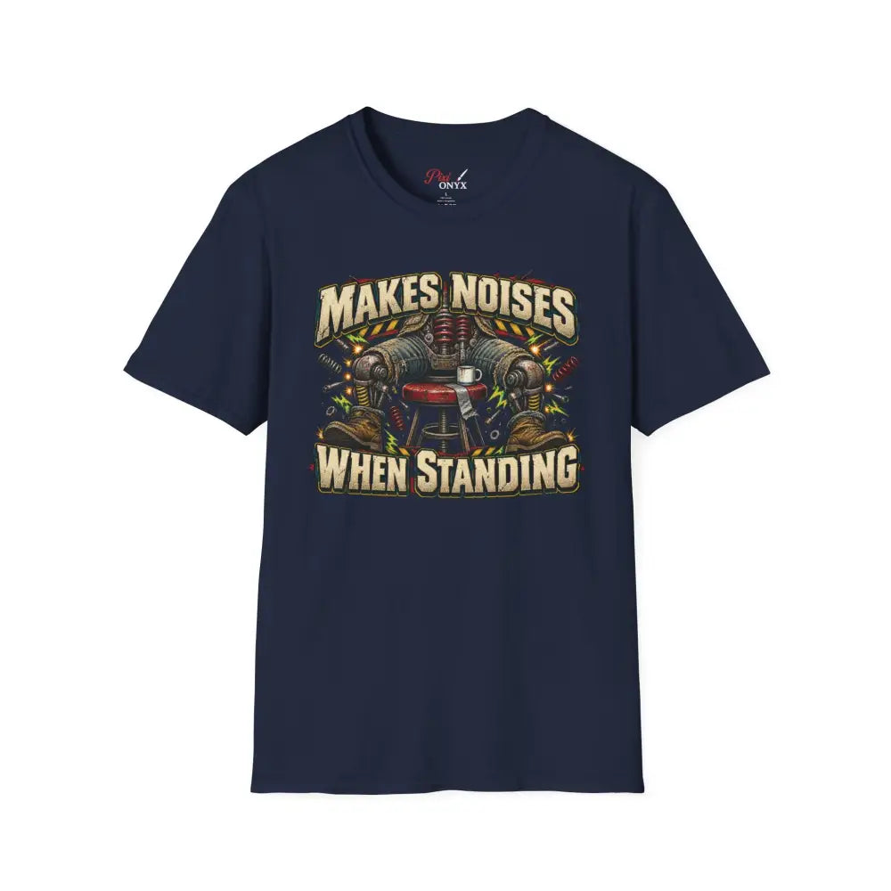 Navy blue short-sleeved makes noises when standing unisex t-shirt with mechanic graphic print, low heat tumble dry care instructions