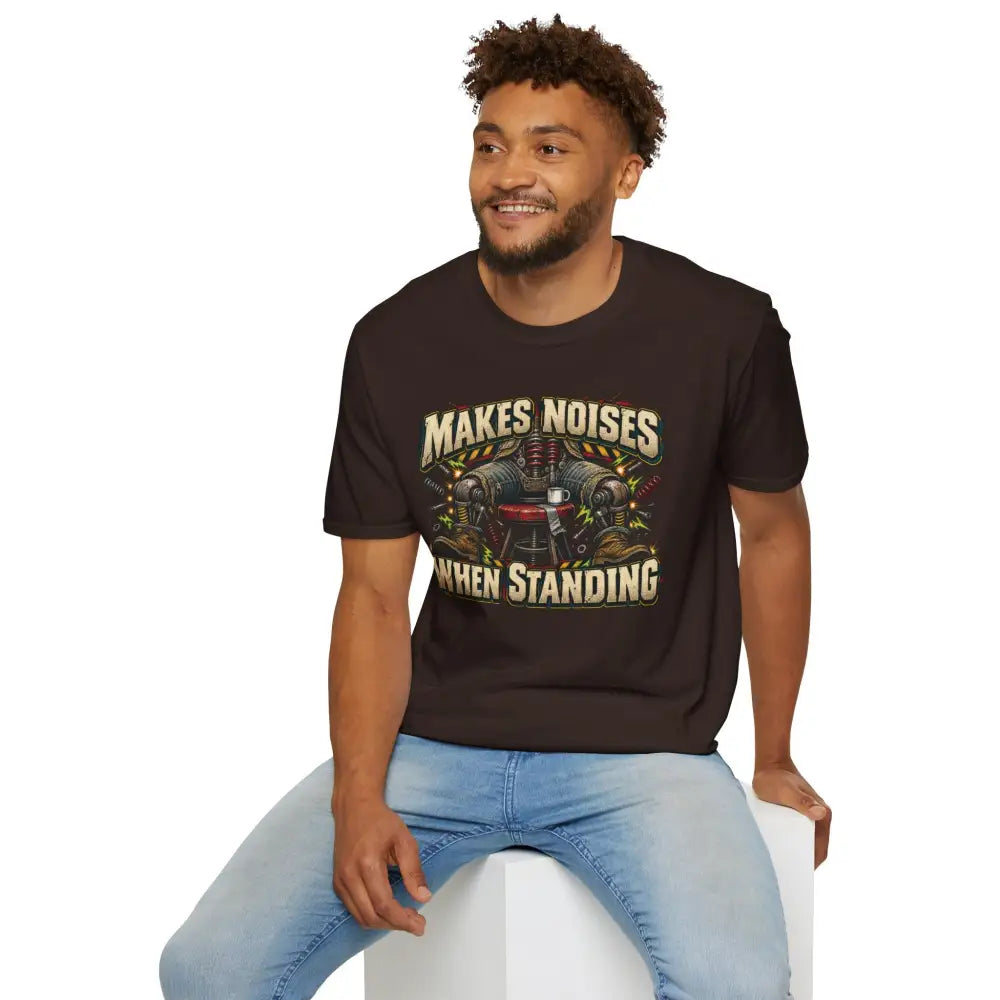 Black cotton makes noises when standing unisex t shirt with vintage gears graphic and care instructions for low heat tumble dry