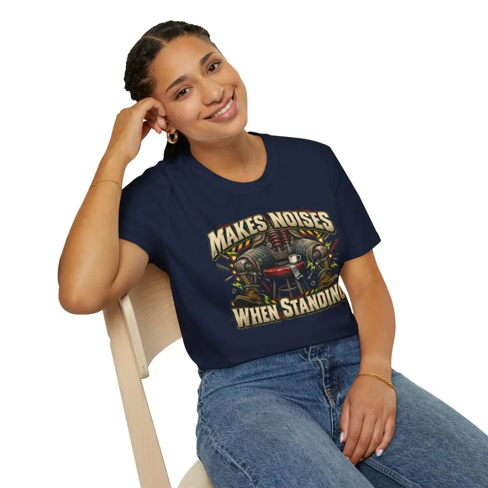 Navy blue unisex short sleeve t-shirt with vintage mechanical gears and makes noises when standing text low heat tumble dry care instructions