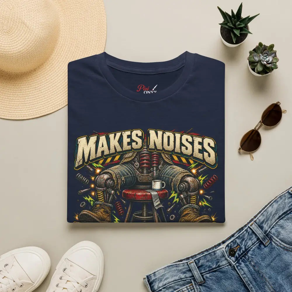 Navy blue makes noises when standing unisex t shirt with mechanical arms graphic and vintage text, low heat tumble dry care instructions