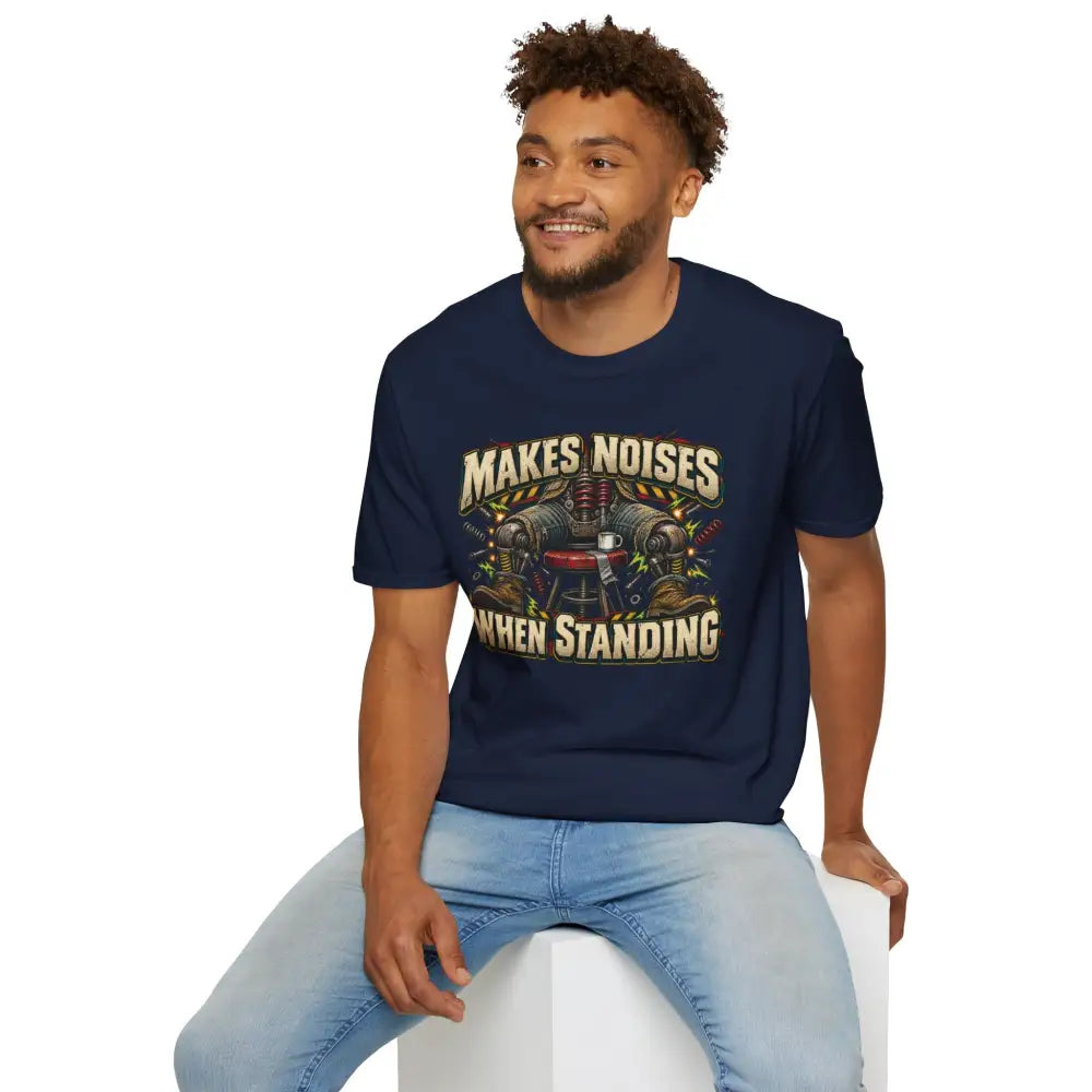 Navy blue makes noises when standing unisex t-shirt with mechanical graphic print easy care low heat tumble dry