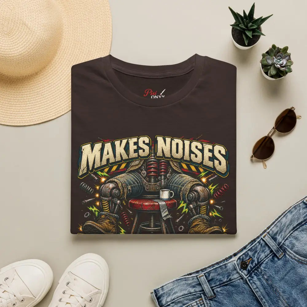 Dark brown makes noises when standing unisex t shirt with vintage mechanical arms graphic and low heat tumble dry care instructions