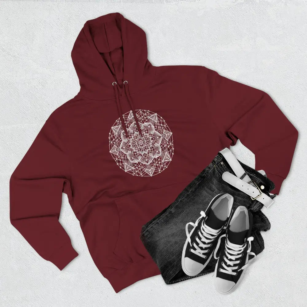 Maroon three-panel fleece hoodie with white mandala design and adjustable hood for cozy comfort