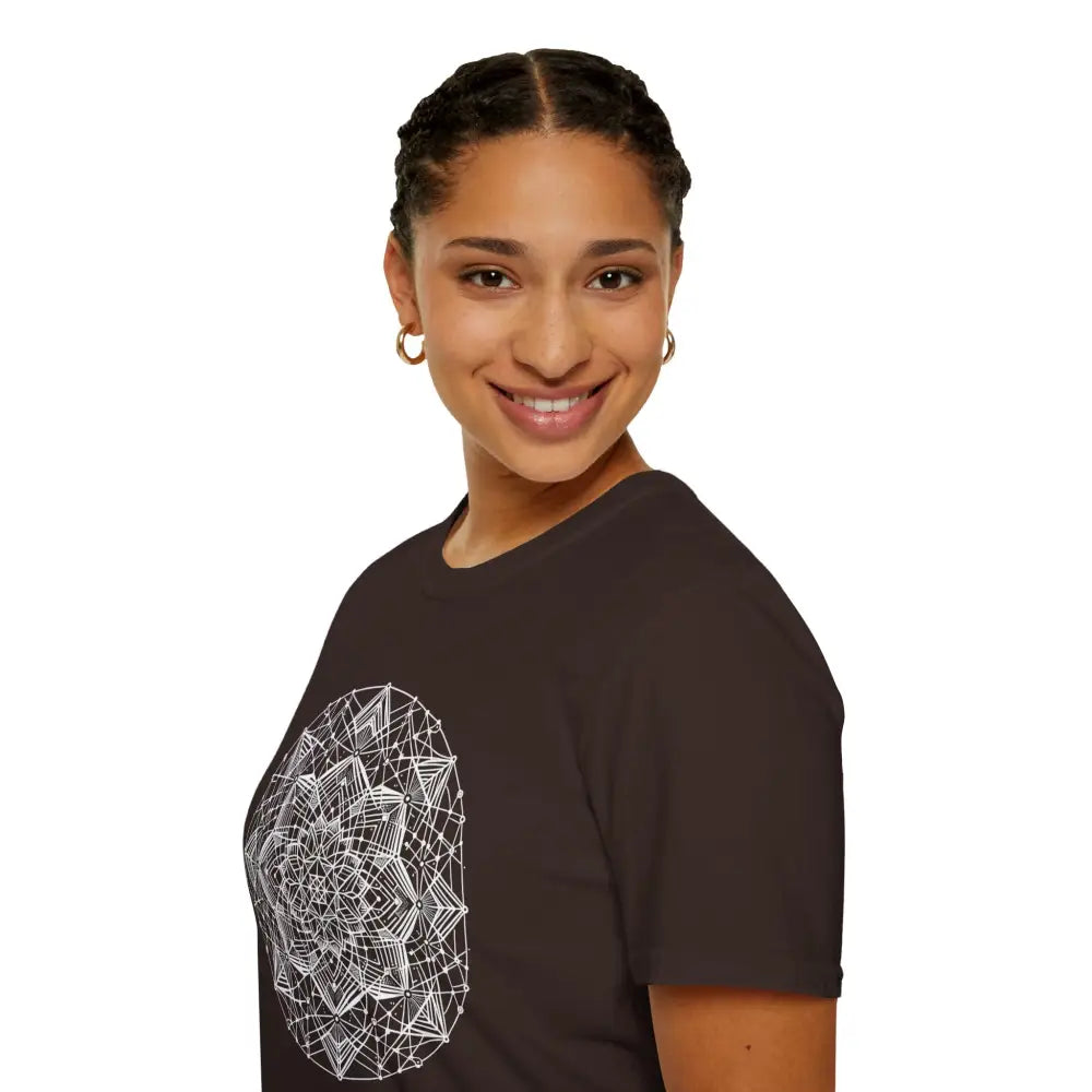 Young woman wearing a stylish unisex t-shirt with mandala design and elastic ribbed collar