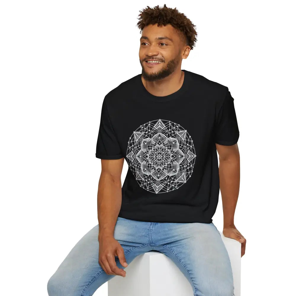 Black short-sleeve mandala graphic unisex t-shirt with elastic ribbed collar for mindfulness