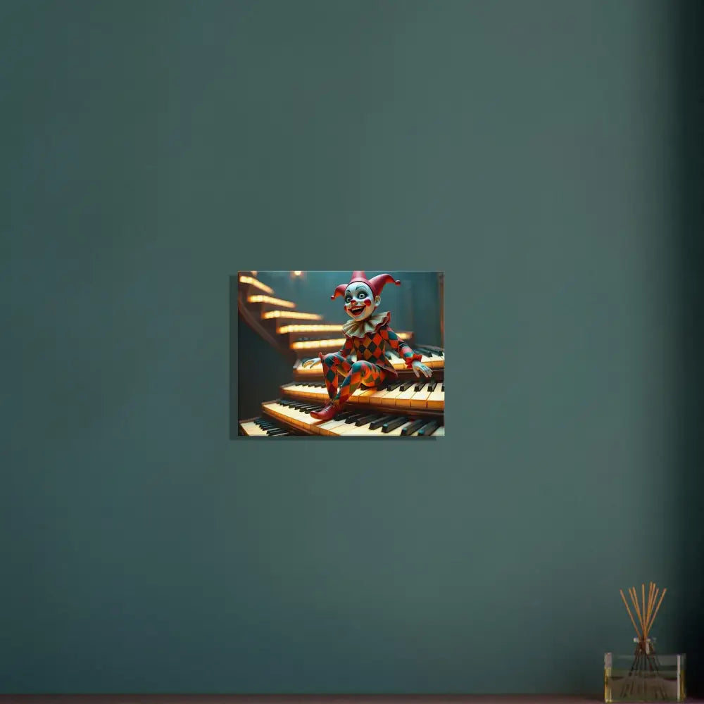 Whimsical clown playing piano stairs artwork for Marionette Canvas The Puppets Prelude PixiOnyx Wall Art