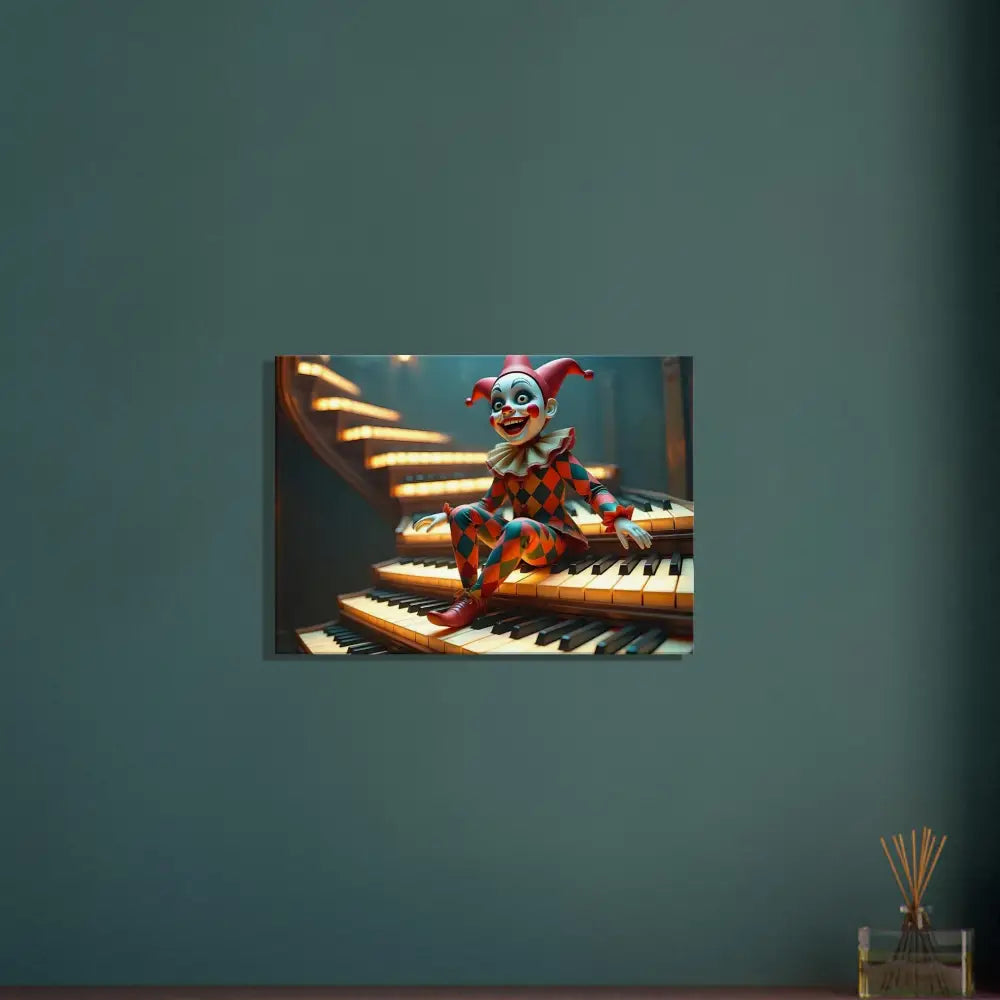 Clown sitting on piano keys wall art from Marionette Canvas The Puppets Prelude PixiOnyx