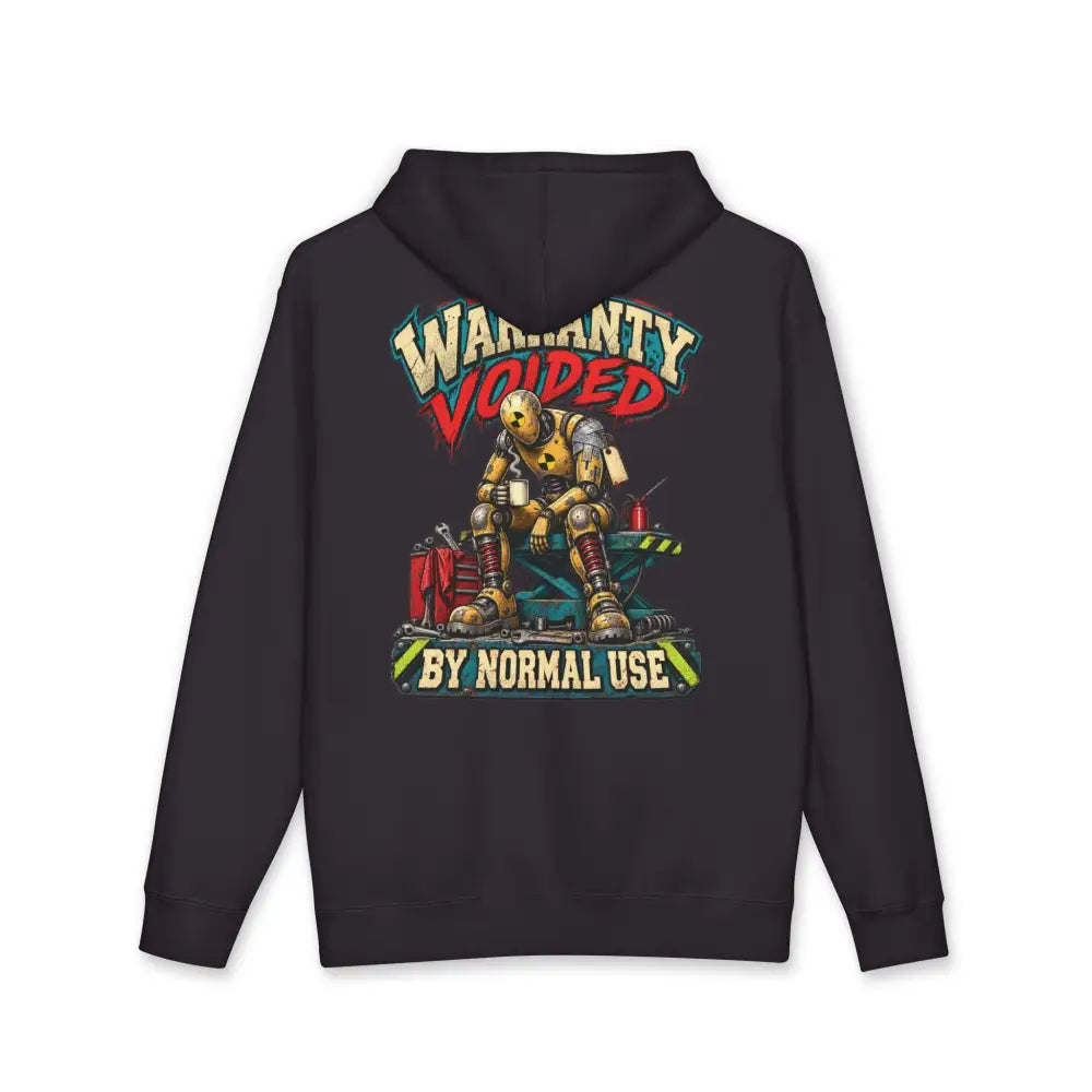 Black unisex mechanic hoodie with ribbed cuffs featuring a yellow robot graphic and warranty voided by normal use text, machine wash care instructions