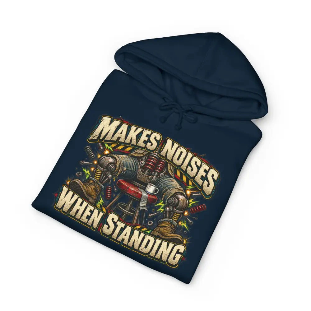 Dark blue mechanic unisex hoodie with ribbed cuffs featuring vintage mechanical legs graphic and machine wash care instructions