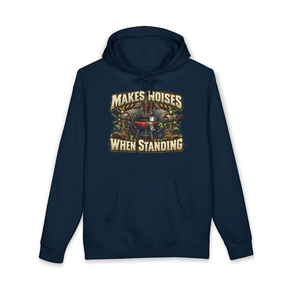 Dark navy blue mechanic unisex hoodie with ribbed cuffs featuring a vintage repair graphic and machine wash care instructions