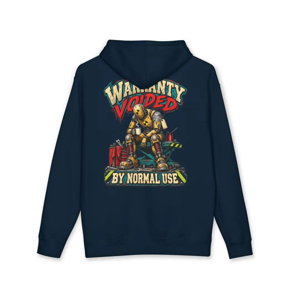 Navy blue mechanic unisex hoodie with ribbed cuffs featuring a vibrant robot graphic and warranty voided text, machine wash care instructions