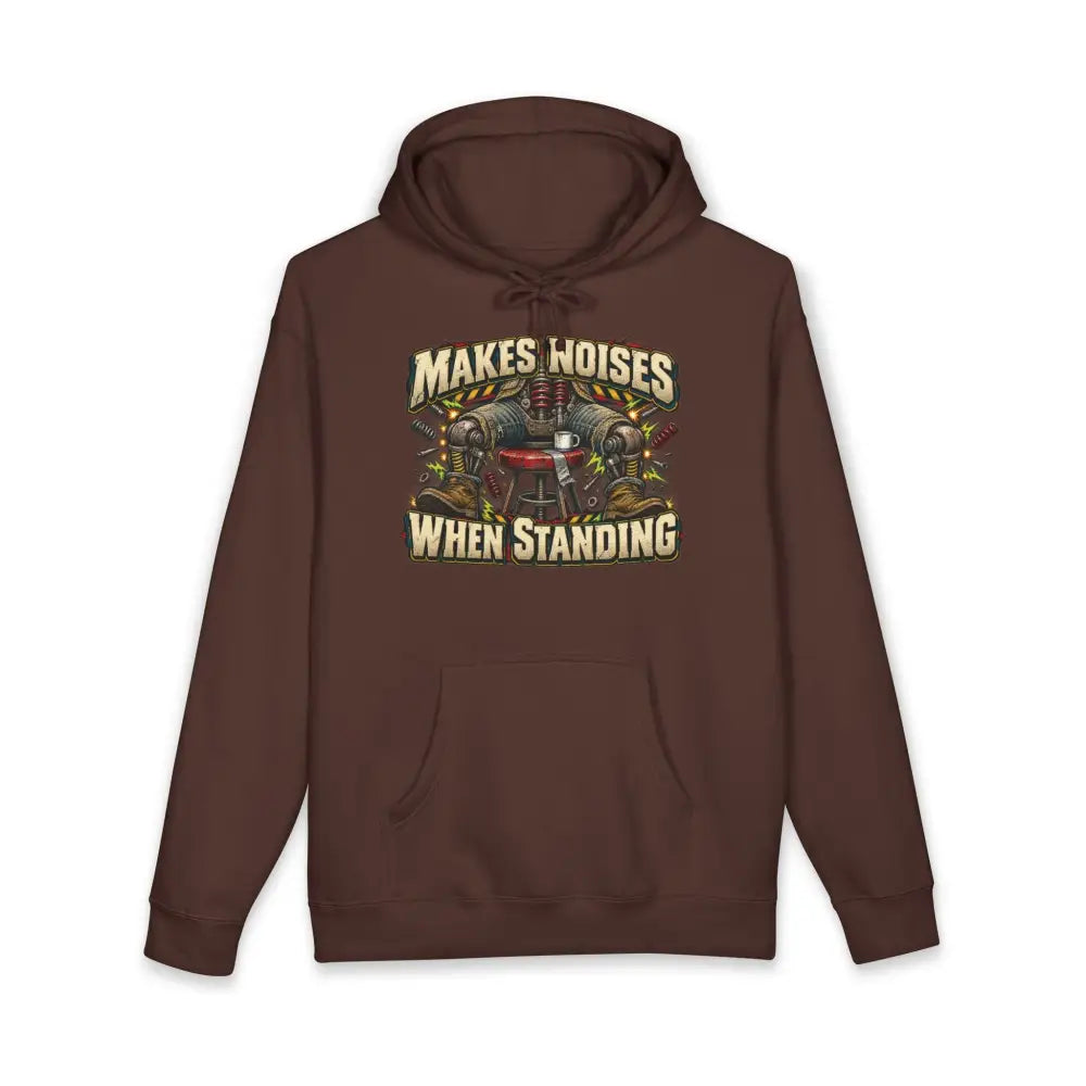 Brown mechanic unisex hoodie with graphic print ribbed cuffs and machine wash care instructions for vintage repair use