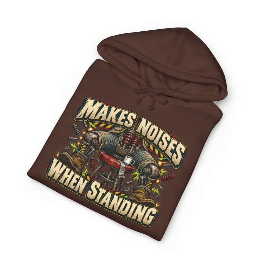 Brown mechanic unisex hoodie with ribbed cuffs featuring vintage mechanical legs graphic and machine wash care instructions