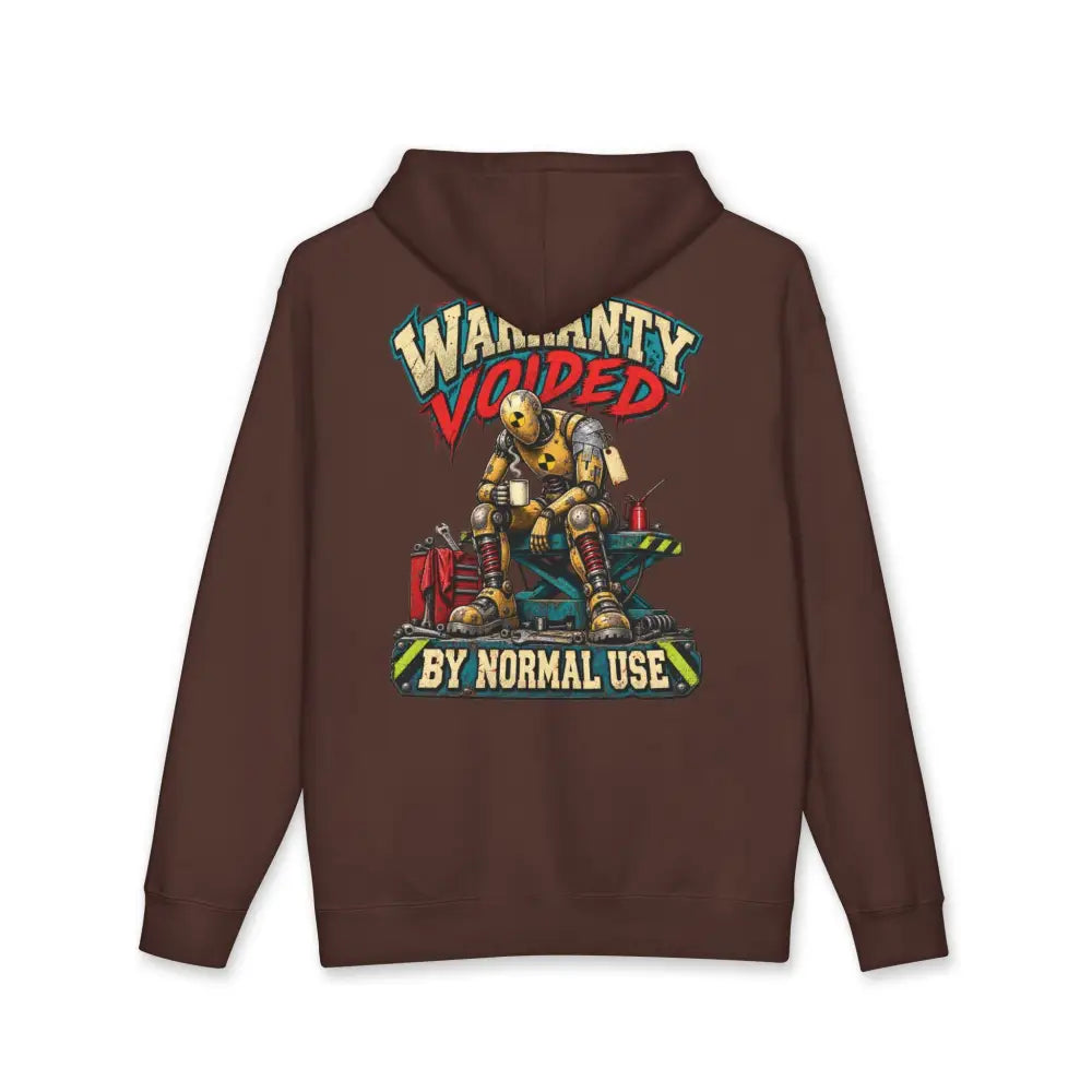 Brown hooded sweatshirt with vibrant yellow robot graphic and ribbed cuffs machine wash care instructions included
