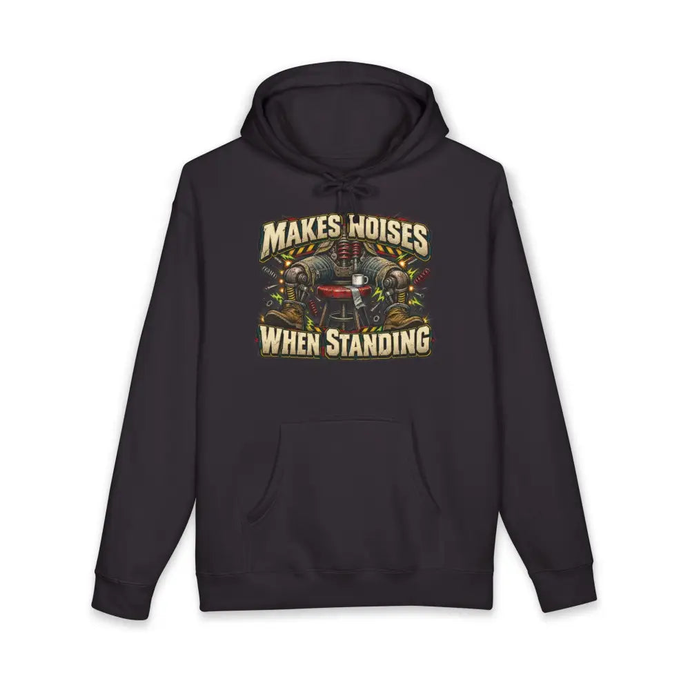 Black mechanic unisex hoodie with ribbed cuffs featuring beige and yellow mechanic graphic and machine wash care instructions