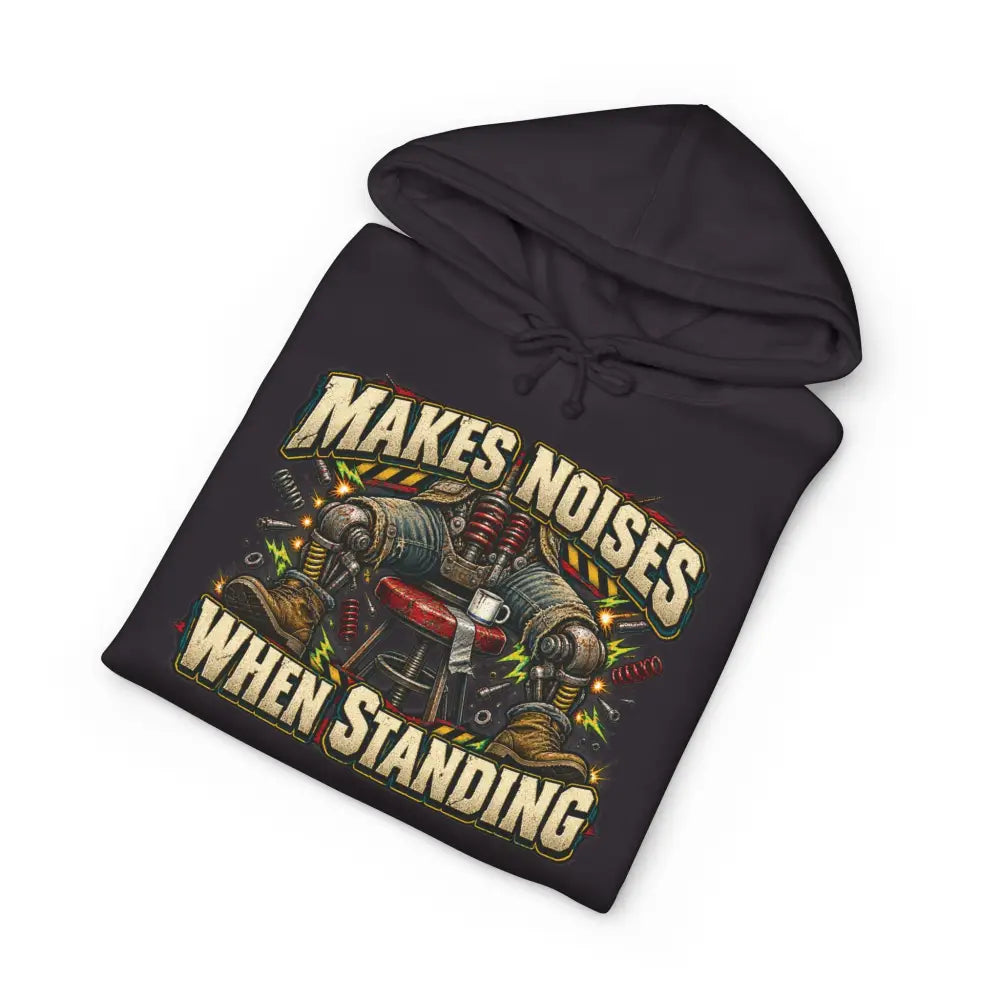 Black unisex mechanic hoodie with ribbed cuffs and vintage mechanical legs graphic, machine wash care instructions