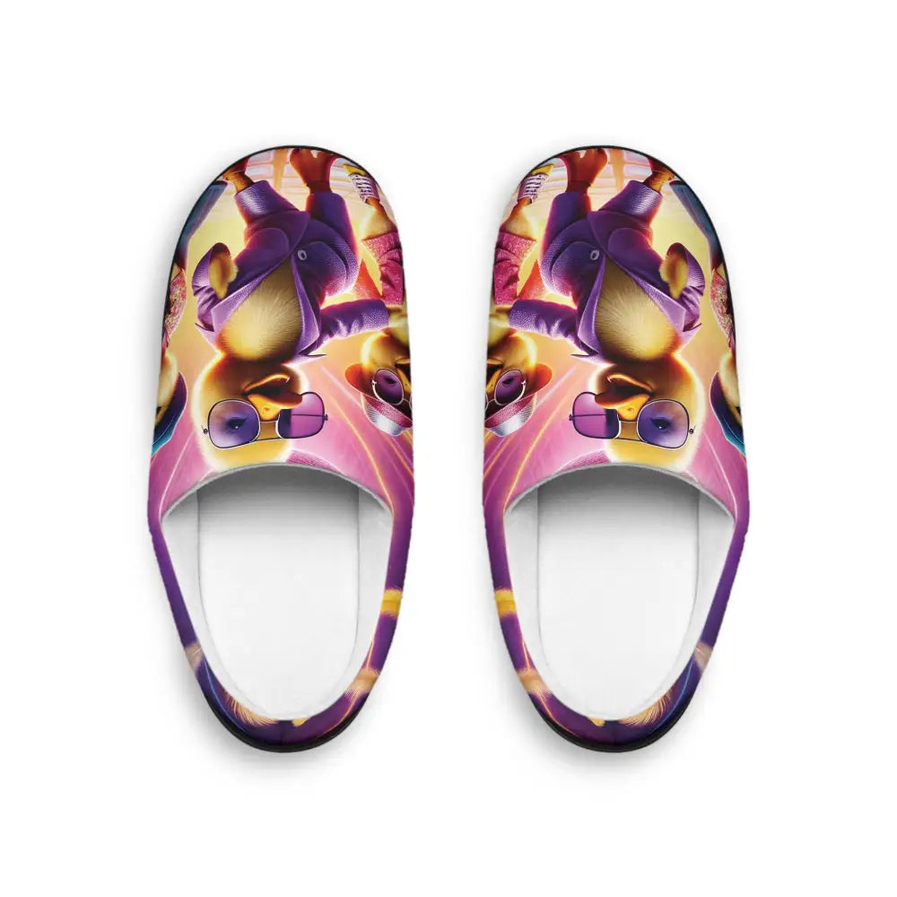 Colorful cartoon design novelty slippers for men from PixiOnyx with comfortable indoor wear