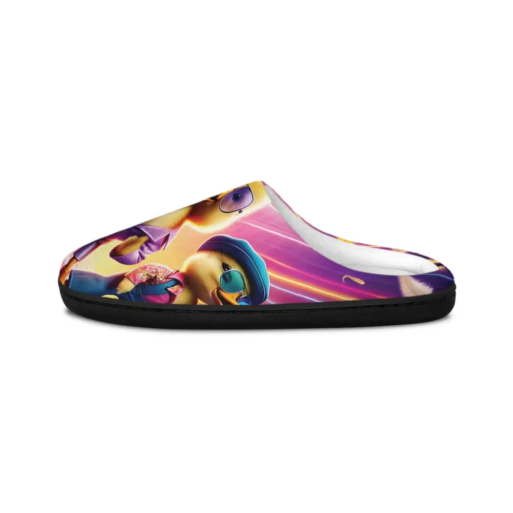 Cartoon-printed men’s indoor slippers featuring vibrant Disco Ducklings design for comfort