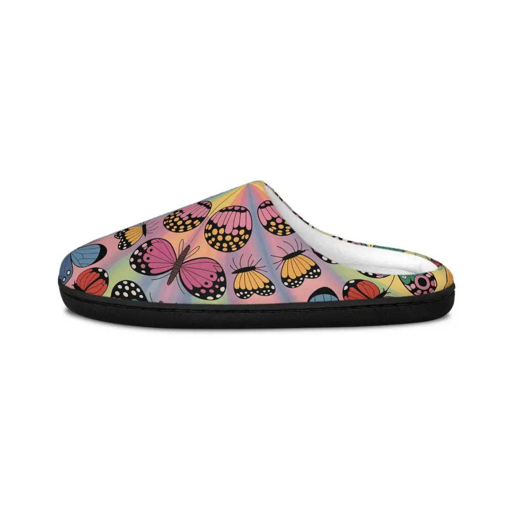 Colorful indoor slippers with vivid butterfly symmetries from Kaleidoscope Flight collection