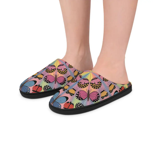 Vivid butterfly symmetries on Kaleidoscope Flight indoor slippers for men by PixiOnyx