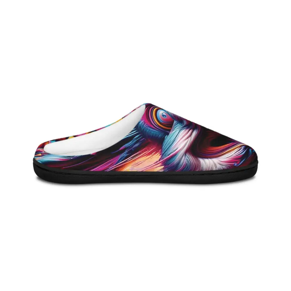 Colorful owl-themed slipper from Men’s Indoor Slippers Pixel Panic by PixiOnyx Housebound Havoc