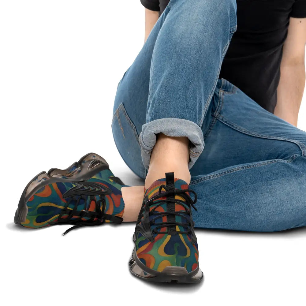 Patterned athletic shoes with urban camo and psychedelic streetwear design by PixiOnyx