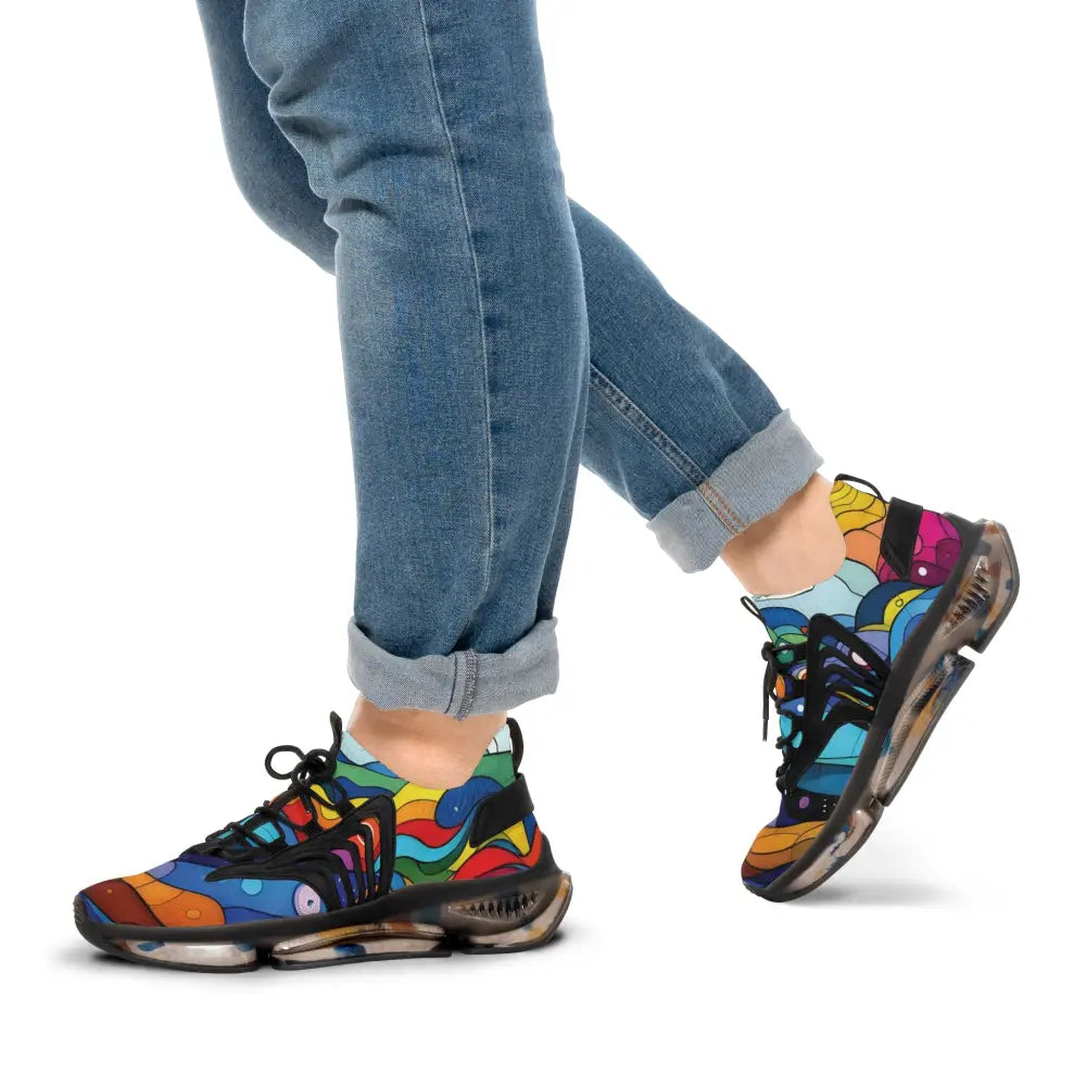 Colorful patterned men’s mesh sneakers from PixiOnyx Kinetic Pulsewear layered spectrum collection
