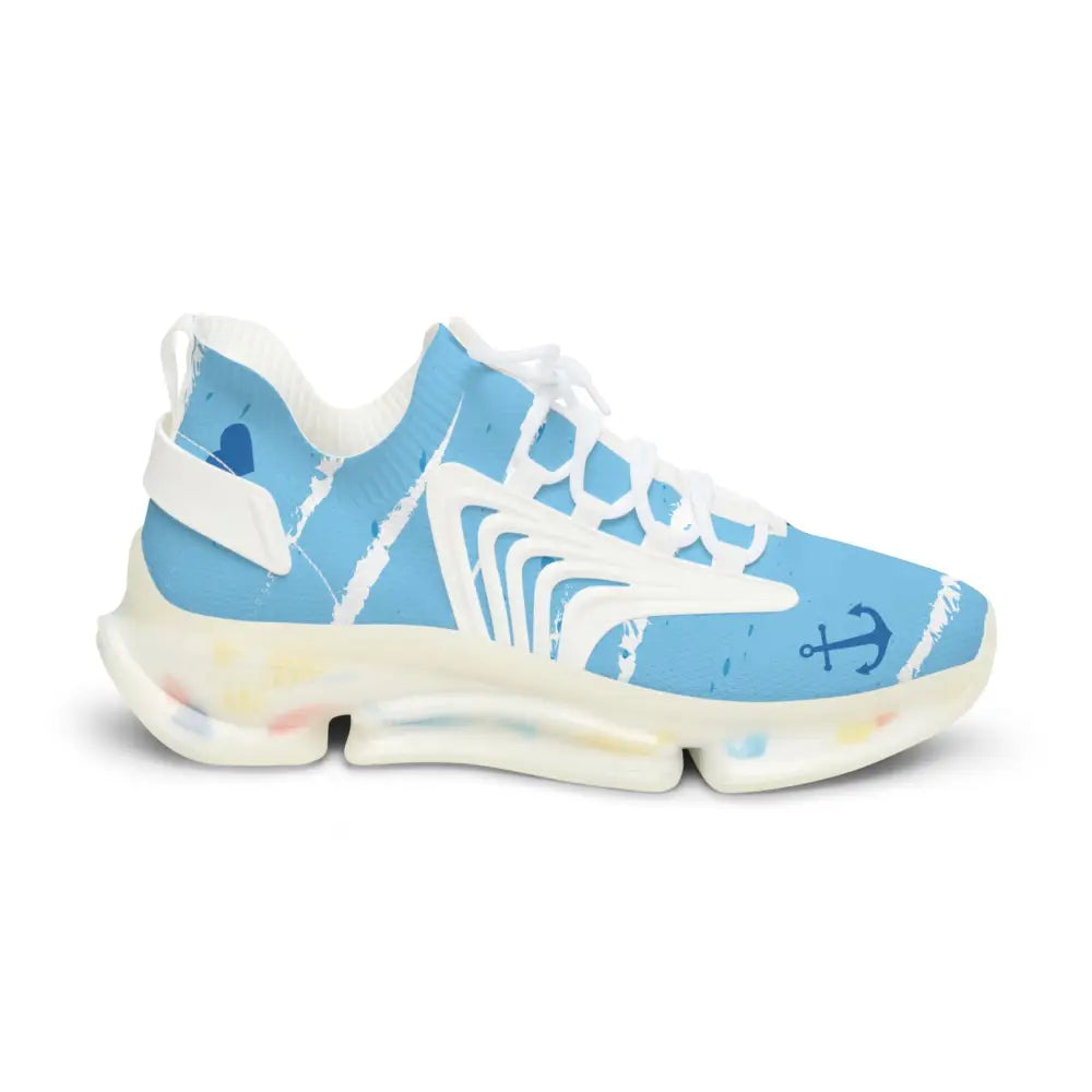 Men’s light blue mesh sneakers with white laces eva shock-absorbing sole and colorful speckled translucent outsole