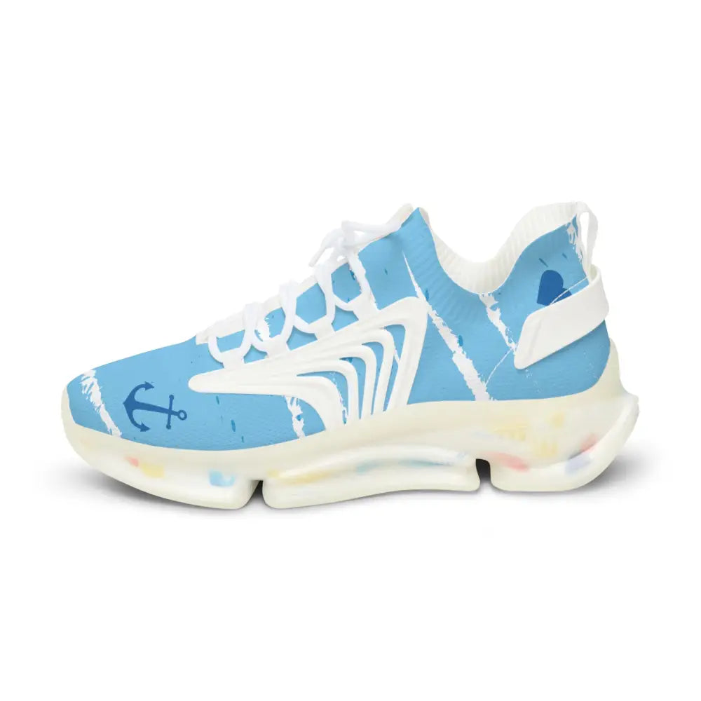 Men’s light blue mesh sneakers with bold anchor design, paint-splatter pattern, eva shock-absorbing sole, and deodorant memory-foam insole
