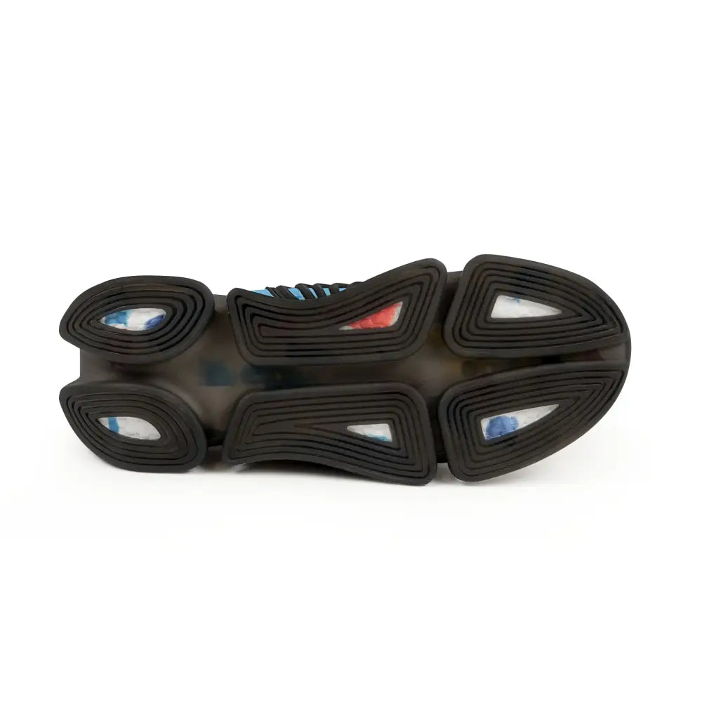 Black rubber eva shock-absorbing sole with translucent panels and blue red accents on men’s light blue mesh sneakers
