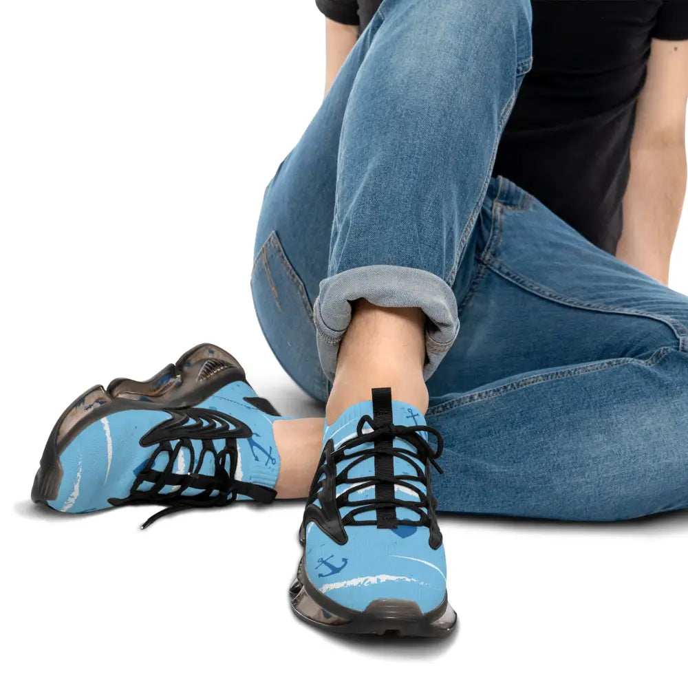 Men’s light blue mesh sneakers with nautical anchor design black laces eva shock-absorbing sole and deodorant memory-foam insole