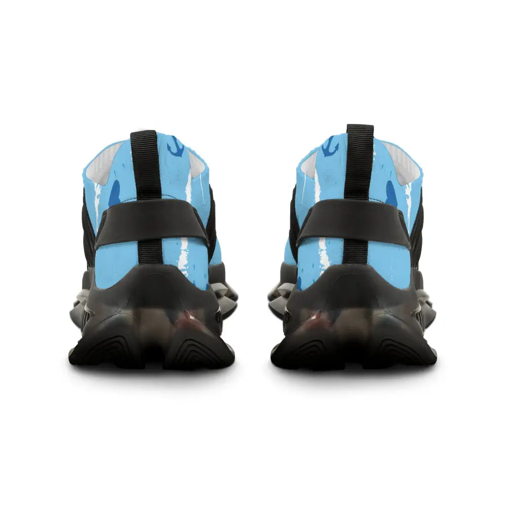 Men’s light blue mesh sneakers with bold black paint-splatter design featuring eva shock-absorbing sole and memory-foam insole