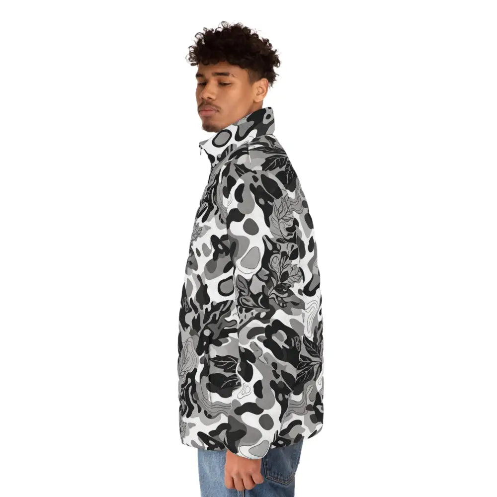 Men’s monochrome leaf camo puffer jacket features a lightweight black white and gray floral pattern that brings urban edge