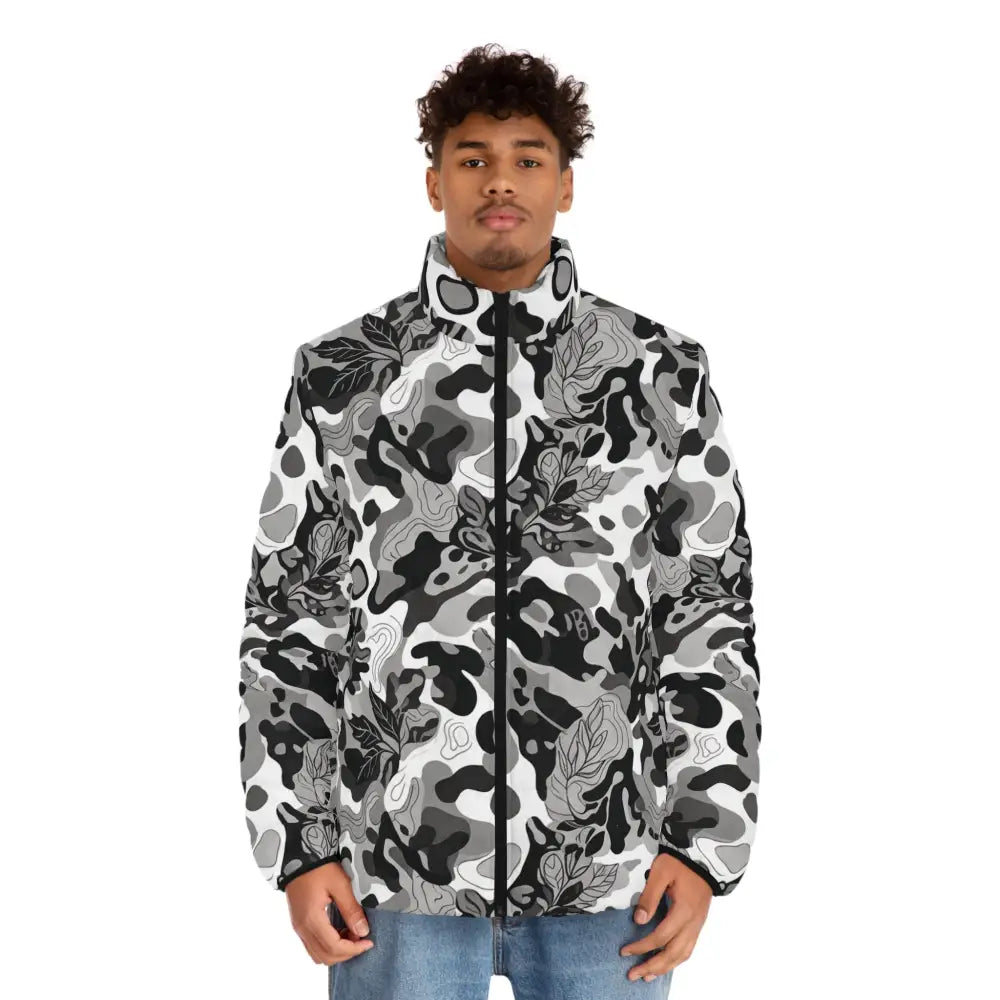 Men’s monochrome leaf camo puffer jacket in black gray and white fleece with leaf motifs lightweight puffer jacket brings urban edge