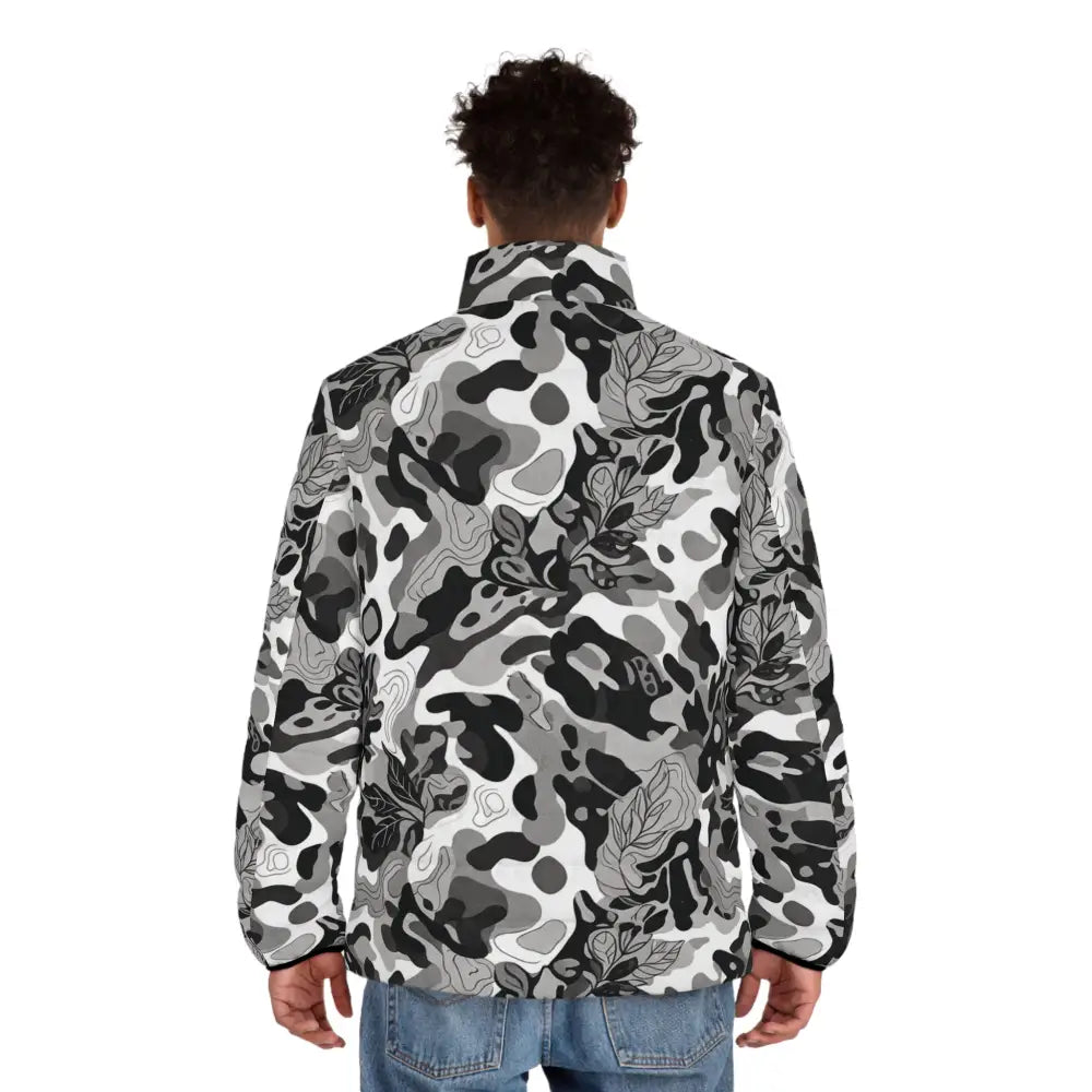 Men’s lightweight puffer jacket in black gray and white camouflage fleece with leafy designs brings urban edge