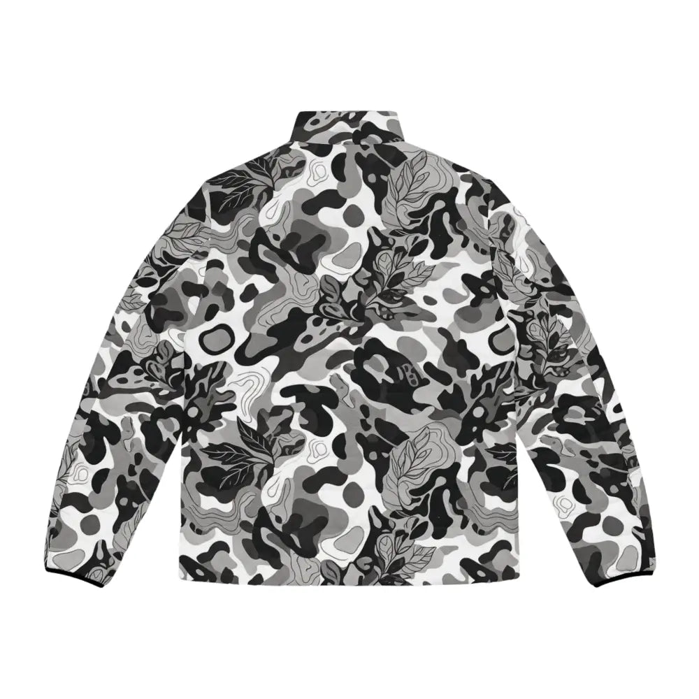 Men’s monochrome leaf camo puffer jacket in black gray and white brings urban edge with lightweight insulation