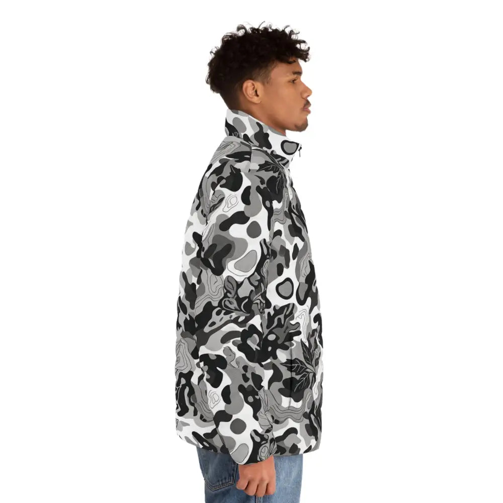 Men’s monochrome leaf camo puffer jacket in black white and gray lightweight fleece with high collar and zipper closure brings urban edge