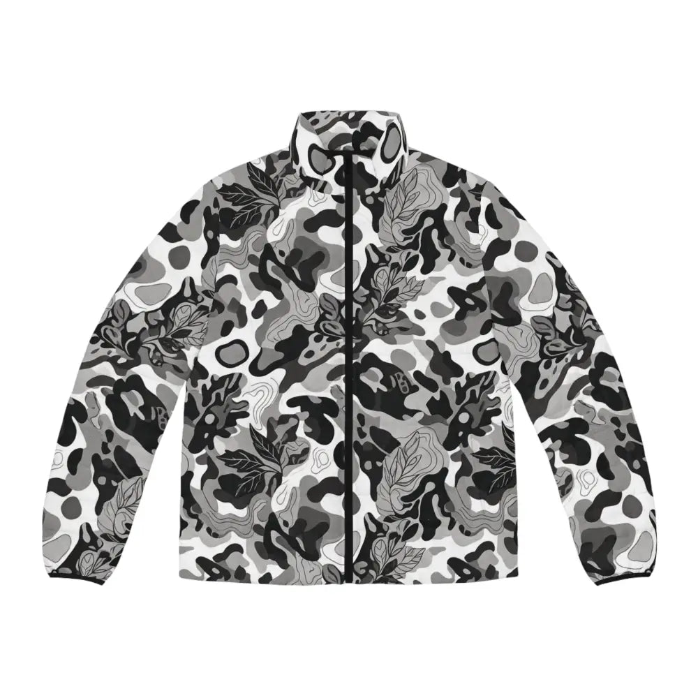 Men’s monochrome leaf camo puffer jacket in black gray and white with lightweight design that brings urban edge