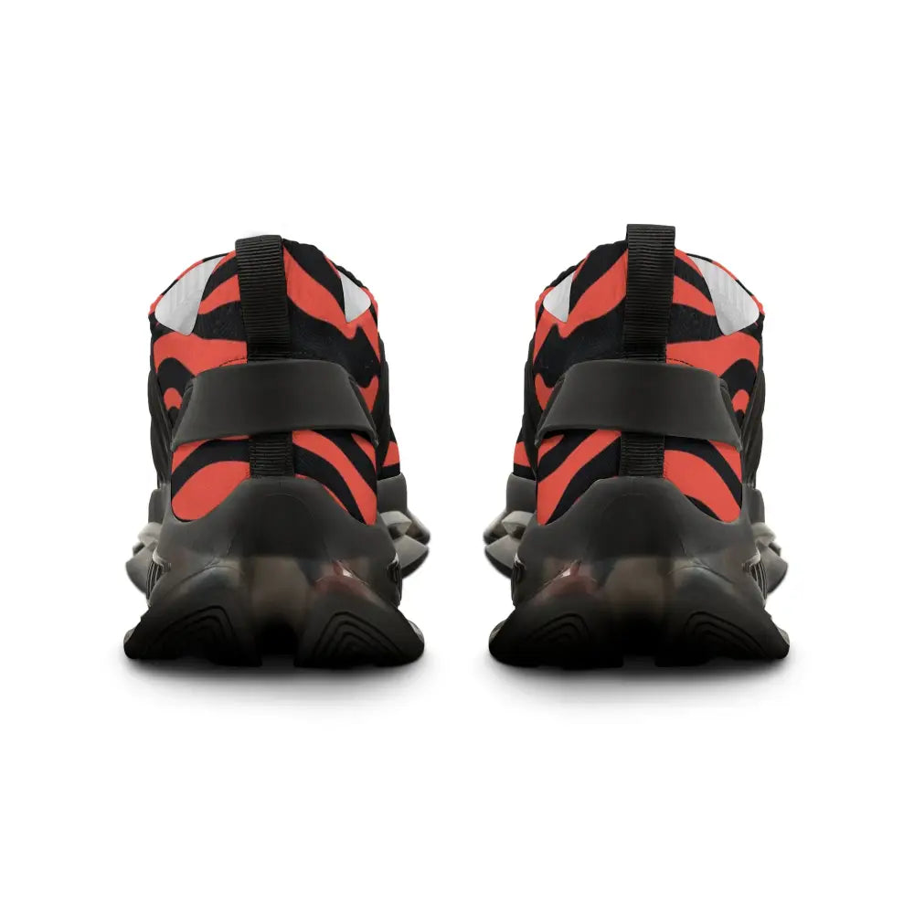 Men’s red black zebra mesh sneakers with vibrant tiger stripes, lightweight eva sole, and deodorant memory foam insole