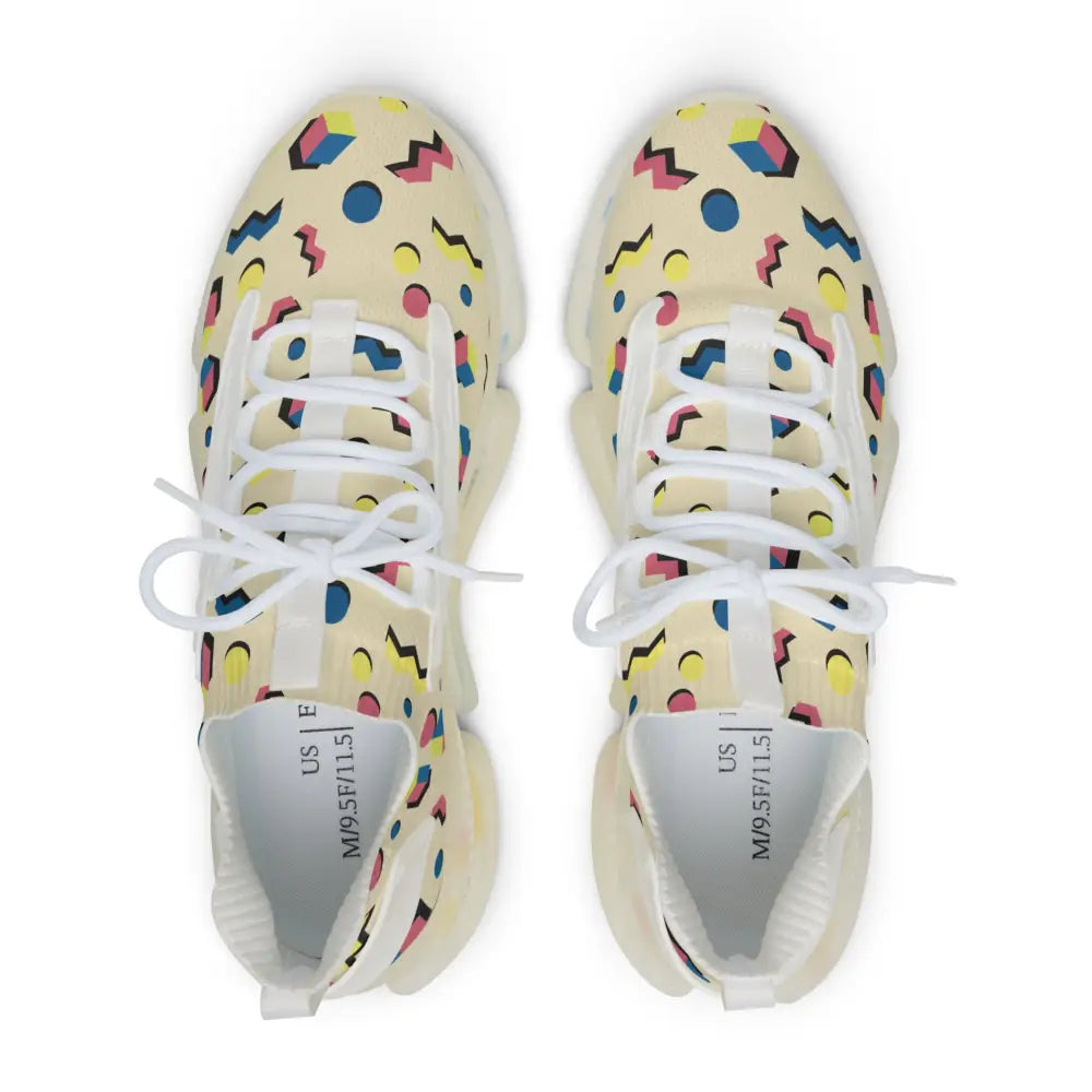 Men’s retro geometric mesh sneakers in cream with pink blue yellow and black 90s pattern and durable kpu eva sole