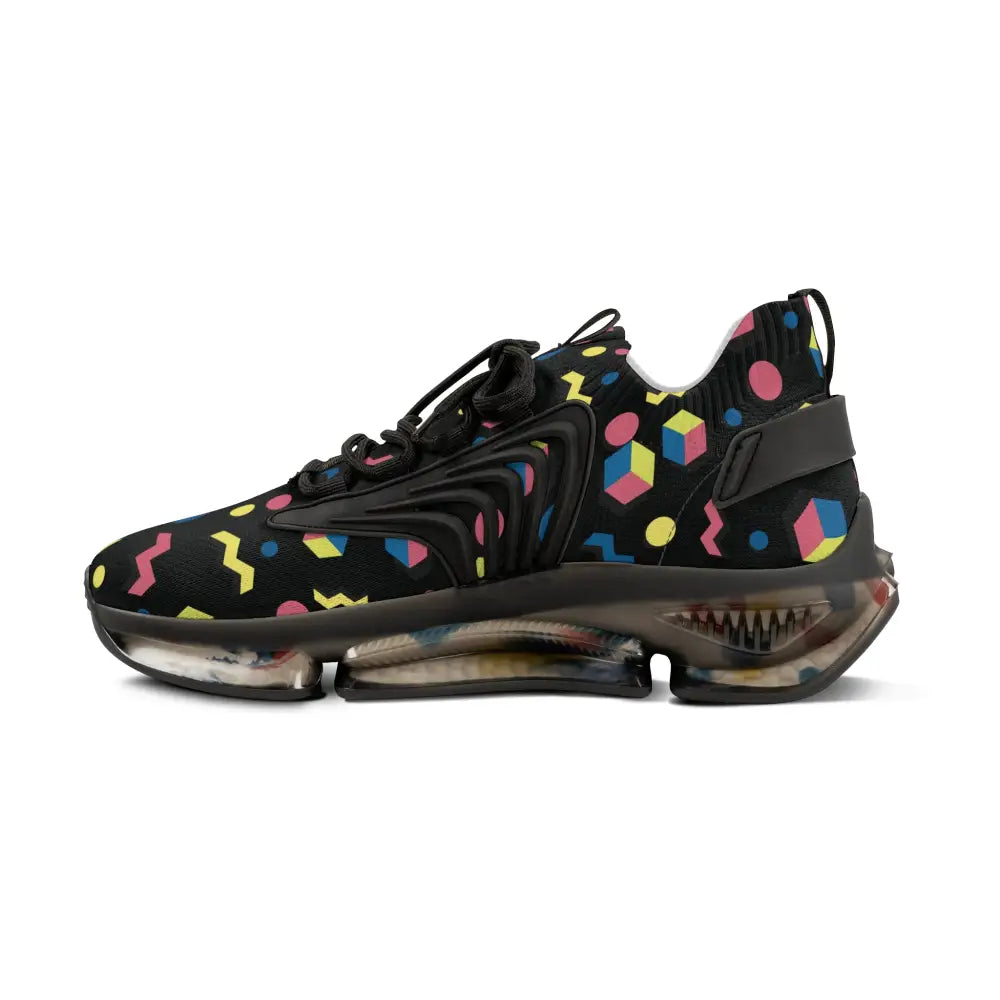 Men’s retro geometric mesh sneakers with black durable KPU upper and eva shock-absorbing sole in 90s Memphis pattern