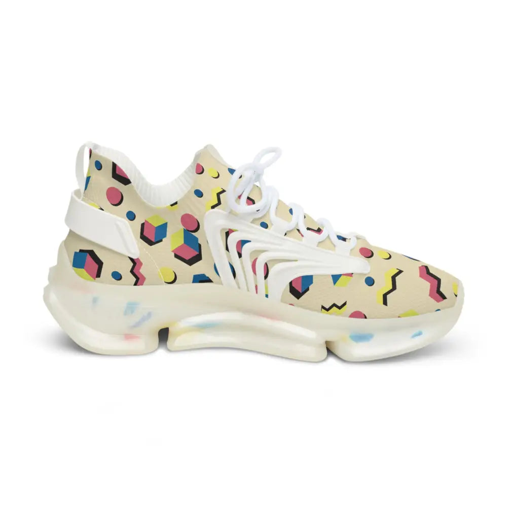 Men’s retro geometric mesh sneakers with cream mesh upper, 80s pattern, durable kpu, and eva shock-absorbing sole