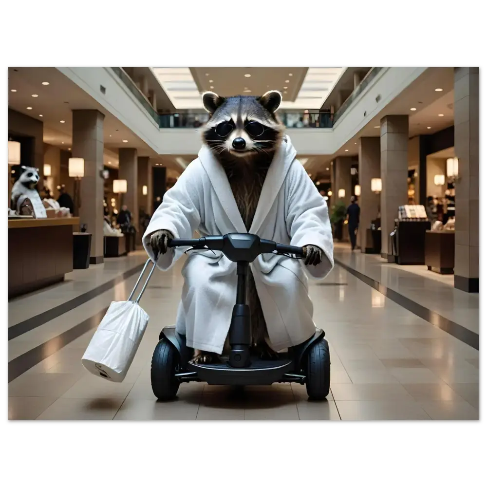Raccoon in bathrobe riding scooter displayed on Mobility Mogul PixiOnyx Metal Panel Print