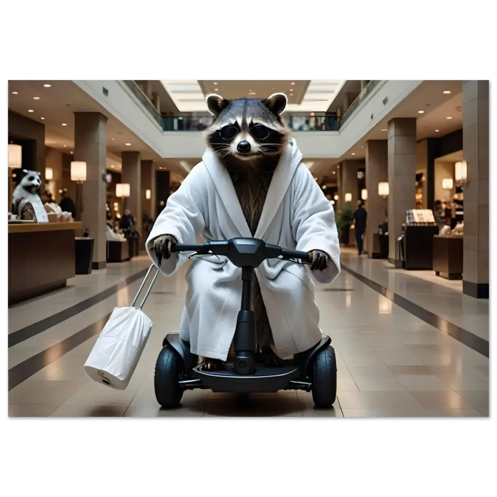 Raccoon in bathrobe riding scooter on PixiOnyx Metal Panel Print for Mobility Mogul art