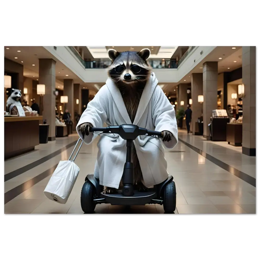 Raccoon in bathrobe riding a scooter on PixiOnyx Metal Panel Print Mobility Mogul design
